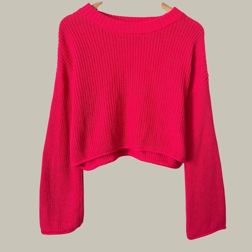Wild Fable Neon Pink Cropped Shaker Stitch Knit Sweater Size Medium Pullover
